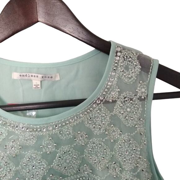 Endless Rose Top Womens Large Mint Green Tank With Mesh & Beading Details - Picture 5 of 9